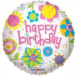 Шар круг «С днем рождения розовые цветы»