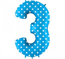 Шар Цифра 3 Голубая в горошек 85см