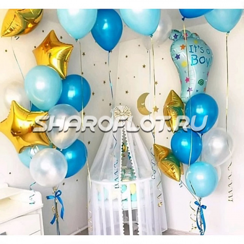 Шарики на выписку в сине-золотом цвете