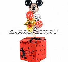 Красная коробка с шарами Микки поздравляет