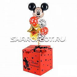 Красная коробка с шарами Микки поздравляет