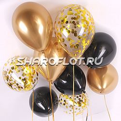 Шарики Золото Черные с конфетти Хром 30см