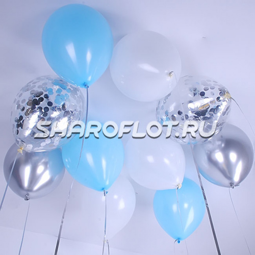 Шары Белые Голубые Серебро с конфетти 30см