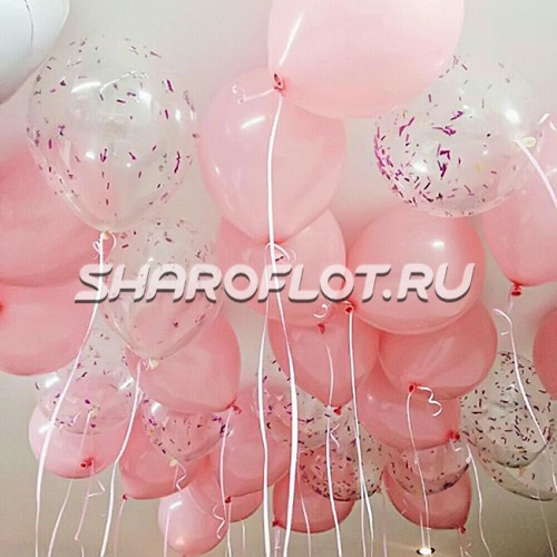 Шары розовые, прозрачные с конфетти 30см